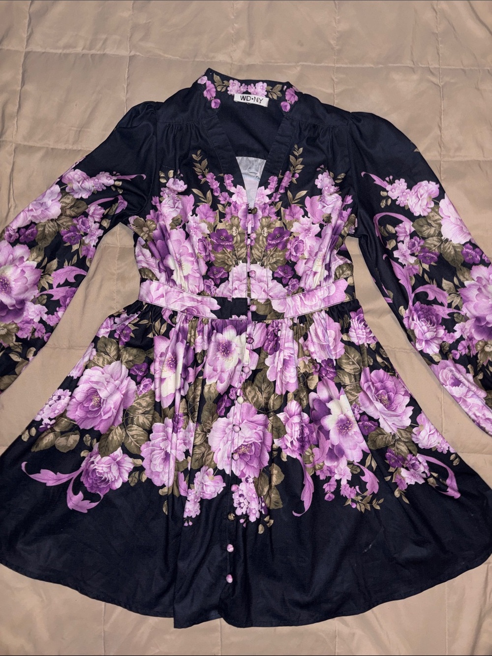 WD.NY Black Dress with Purple Floral Print - Picture 2 of 4